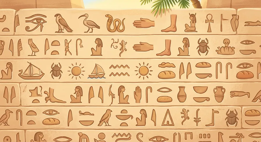 Rows of carved Egyptian hieroglyph picture-symbols on a temple wall