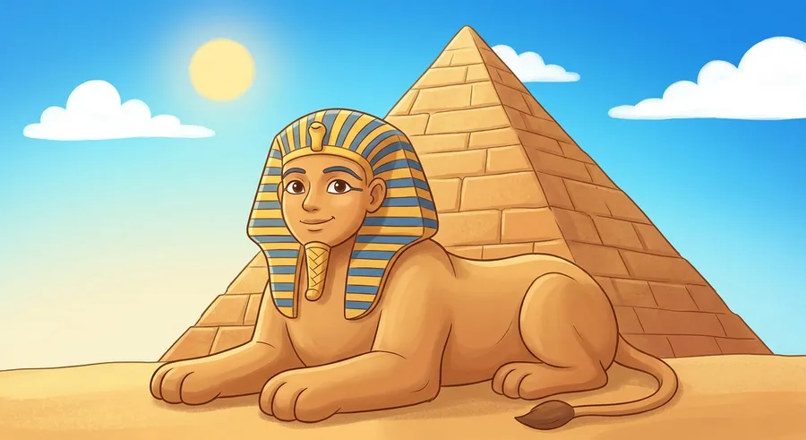 The Great Sphinx of Giza, a giant statue with a lion's body, beside the pyramids