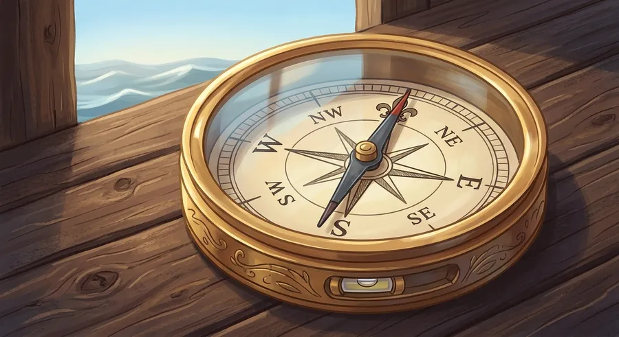 An antique brass mariner's compass with its needle pointing north