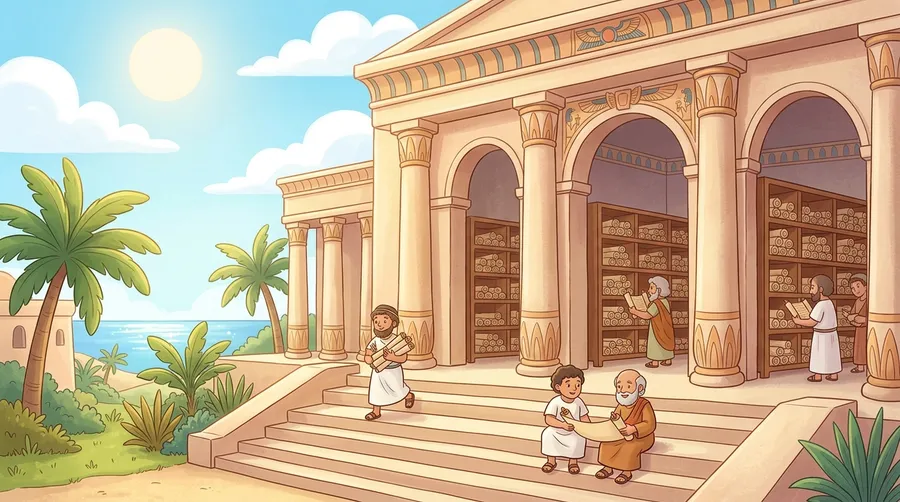 An illustration of the great ancient Library of Alexandria in Egypt