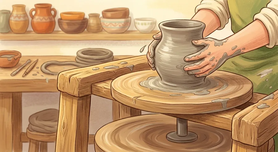 A spinning potter's wheel shaping a clay pot