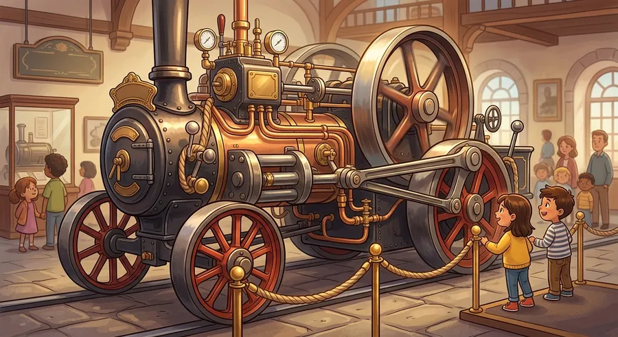A large antique steam engine with pistons and wheels in a museum