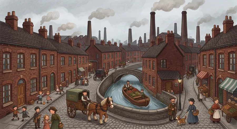 Rows of brick buildings in a crowded Victorian industrial city