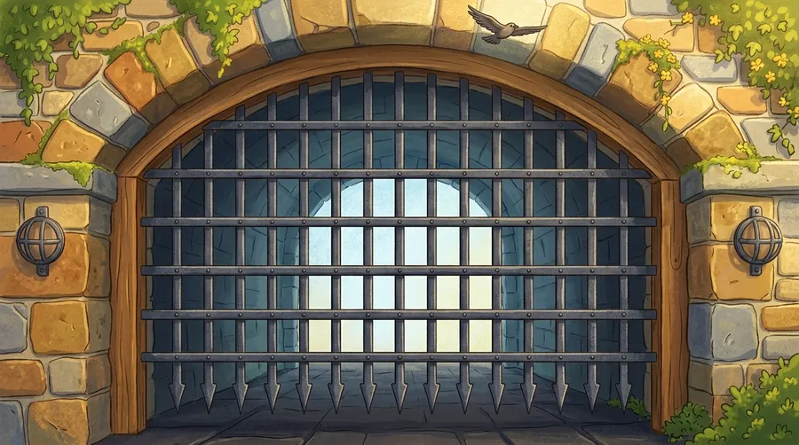 A heavy iron portcullis gate set in a castle's stone gatehouse