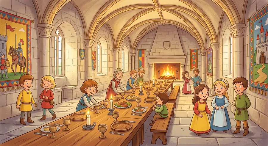 The grand interior of a medieval castle's great hall set for a feast
