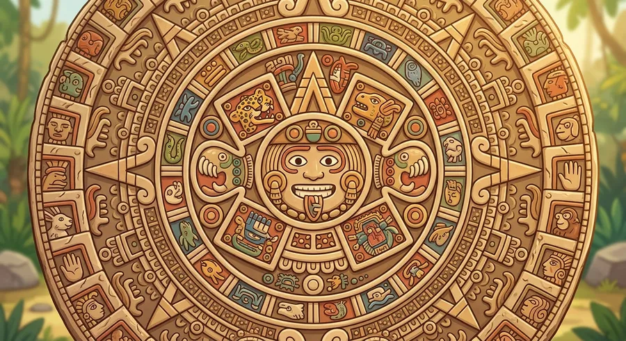 Maya glyph symbols carved into a stone calendar
