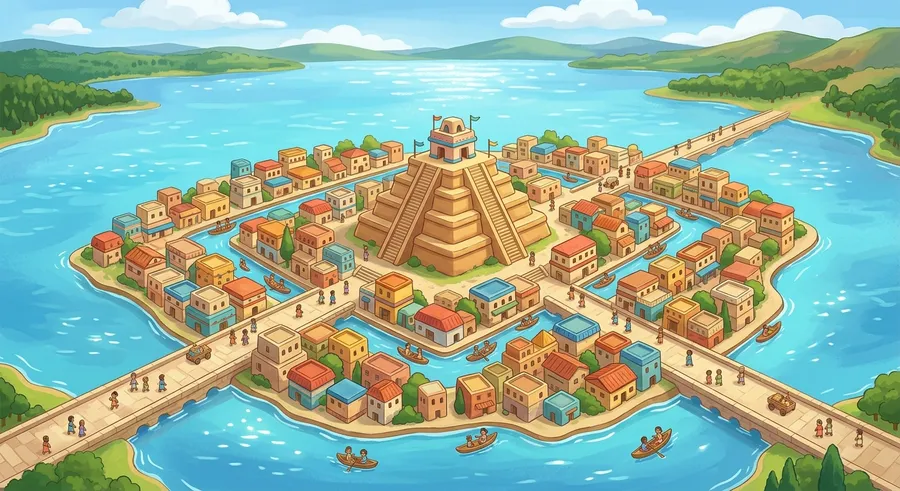 An artwork showing the great Aztec island city of Tenochtitlan