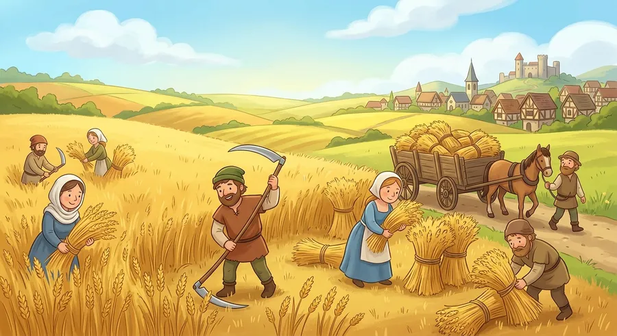 A medieval painting of peasants working in the fields at harvest