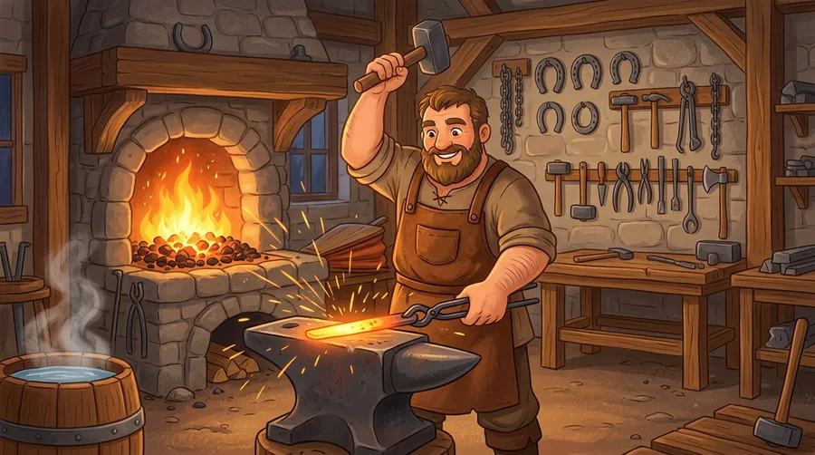 A medieval blacksmith hammering iron at a glowing forge
