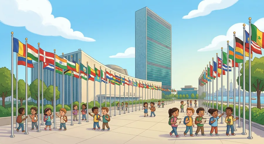 Rows of national flags outside the United Nations headquarters