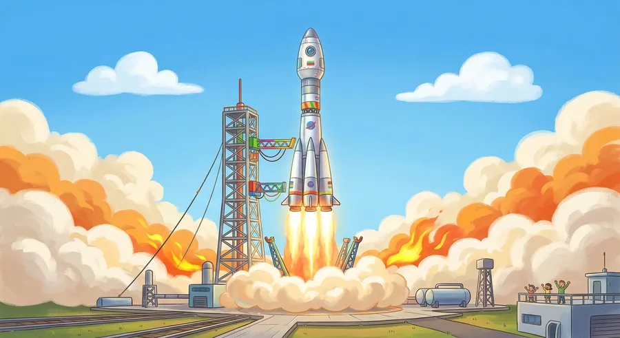 A tall rocket lifting off during the space race
