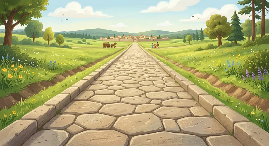 An ancient stone-paved Roman road stretching into the distance