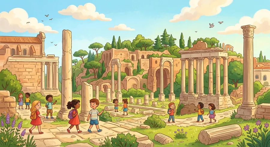 The ruined columns and temples of the ancient Roman Forum