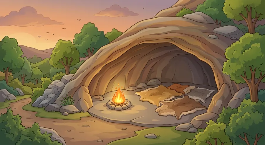 A rocky cave shelter of the kind early Stone Age people lived in