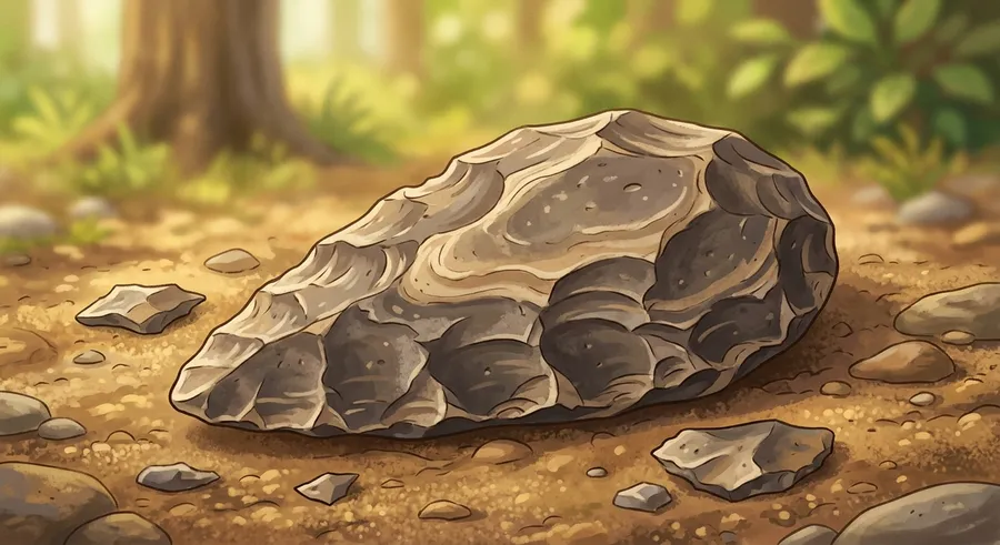 A chipped flint hand axe with a sharp cutting edge
