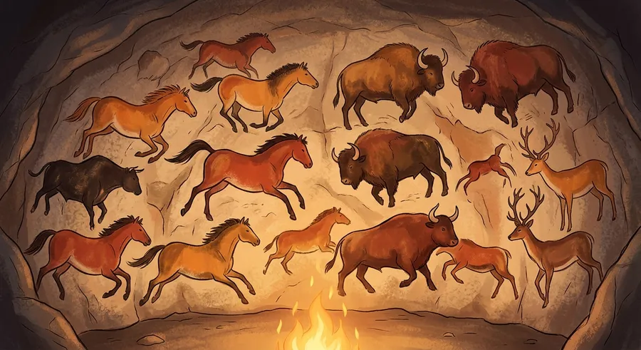 Ancient cave paintings of animals drawn on a rock wall