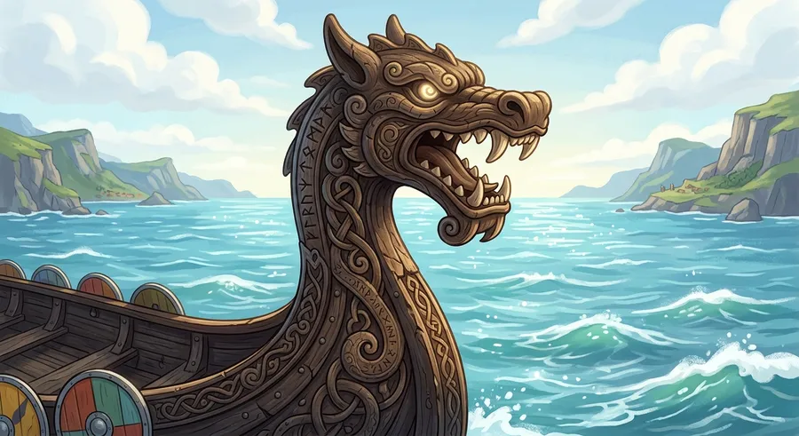 The carved wooden dragon head at the front of a Viking longship