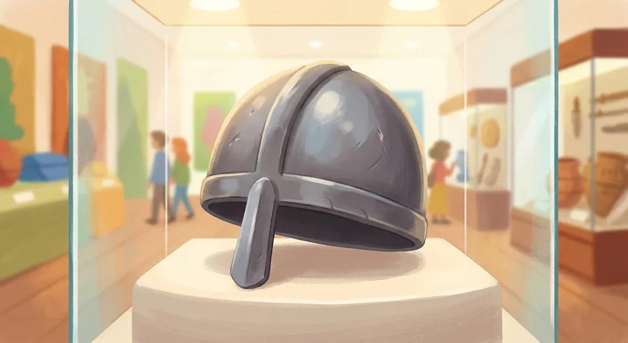A simple rounded iron Viking helmet displayed in a museum
