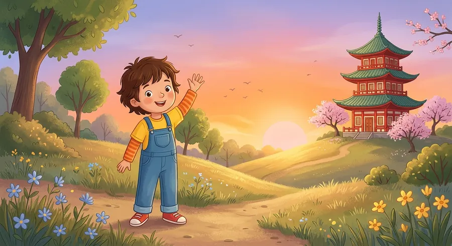 A child waving good morning as the sun rises behind a pagoda