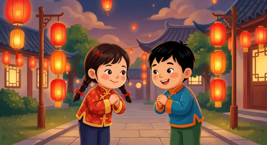 Two children greeting each other beside red lanterns