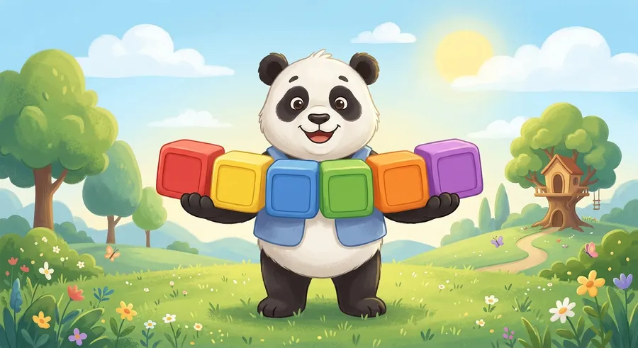 A panda holding up a row of colourful counting blocks