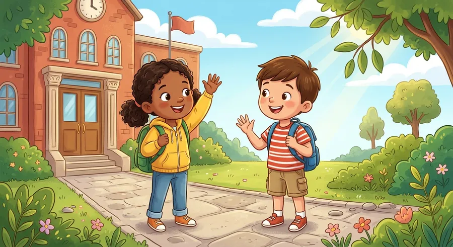 Two children politely greeting each other