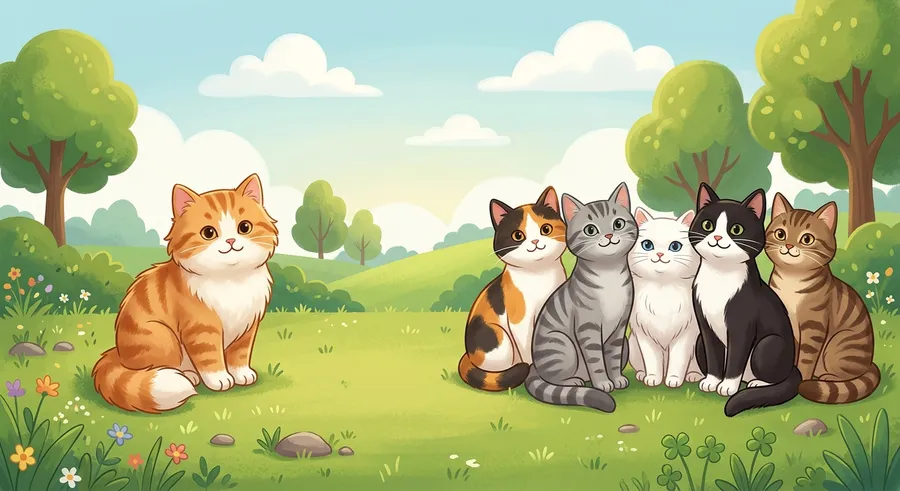One cat next to a group of cats, showing the idea of one versus many