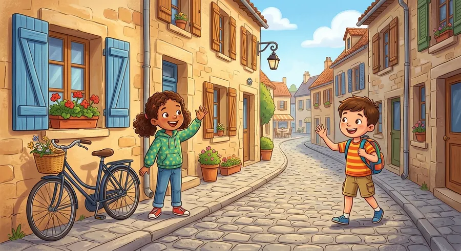A child saying hi to a friend on a cobblestone street