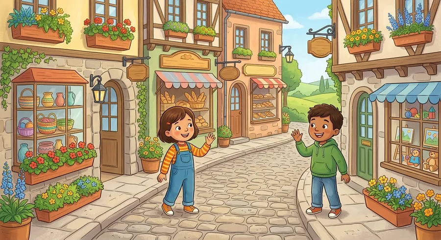 A child politely greeting a friend on a charming street