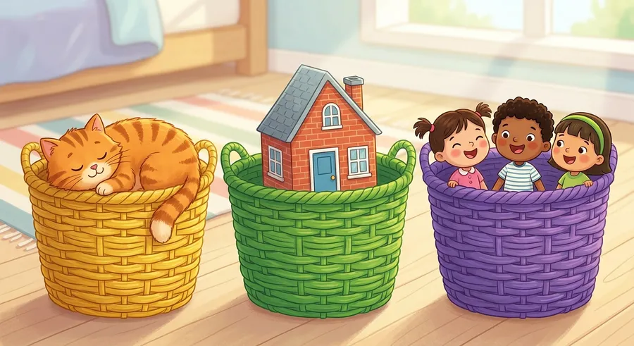 Three colourful baskets sorting a cat, a house, and a group of friends
