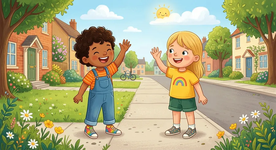 Two children smiling and waving as they greet each other