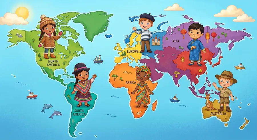 A colorful world map with smiling children on different continents