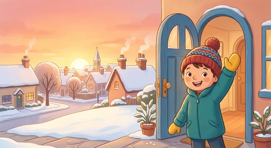 A child waving good morning as the sun rises over snowy rooftops