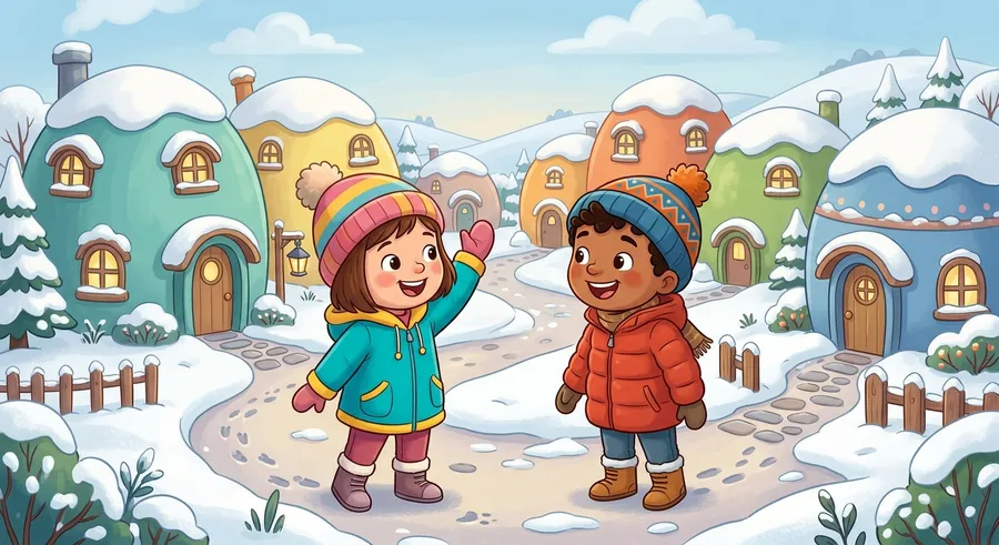Two children greeting each other near colourful domed buildings in winter
