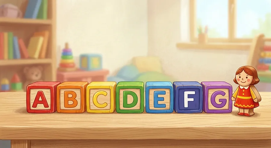 Colourful alphabet blocks in a row with a smiling doll