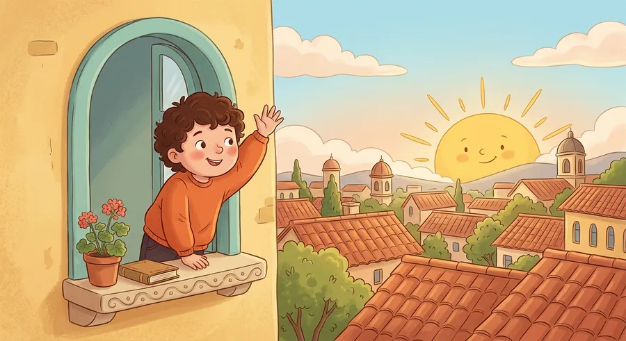 A child waving good morning at sunrise