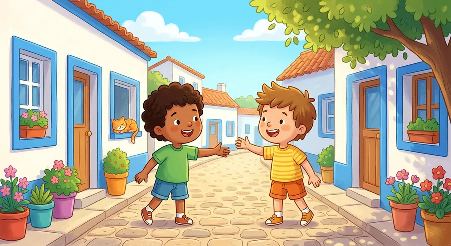 A child warmly greeting a friend in a sunny town