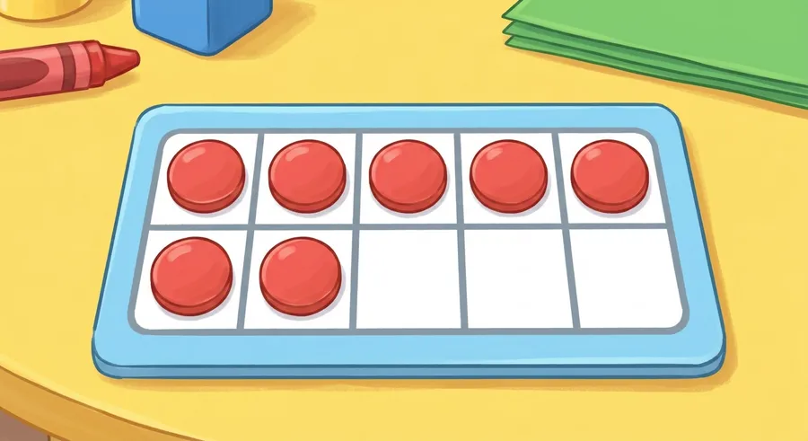 A ten frame filled with counters showing pairs of numbers that make ten
