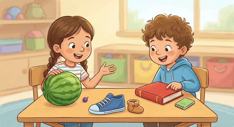 Children explore the concept of size by comparing big and small objects they see every day.