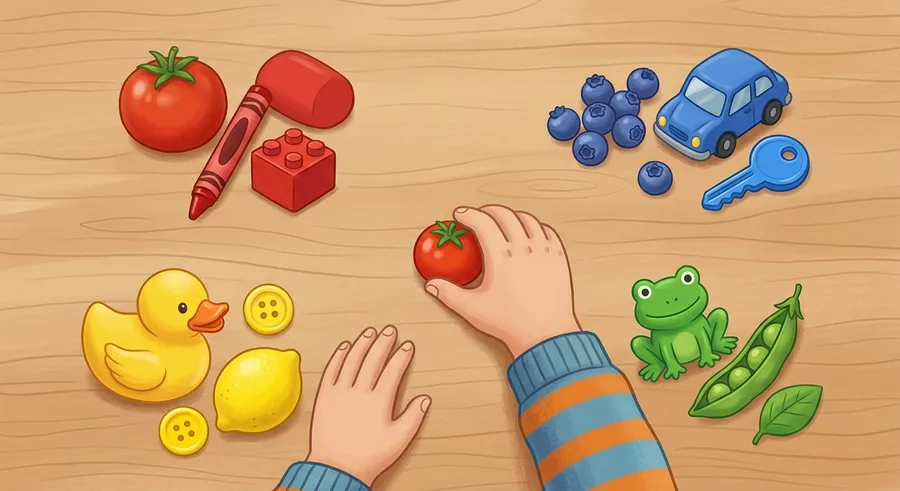 Children discover red, blue, yellow, and green by matching and sorting colorful everyday objects.