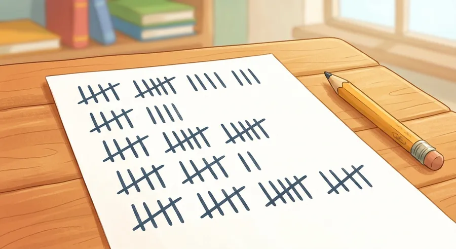 A tally chart with marks grouped in fives for easy counting