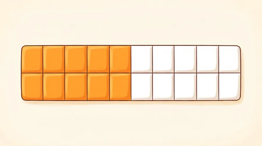 A fraction bar split into ten parts with half shaded to match a decimal