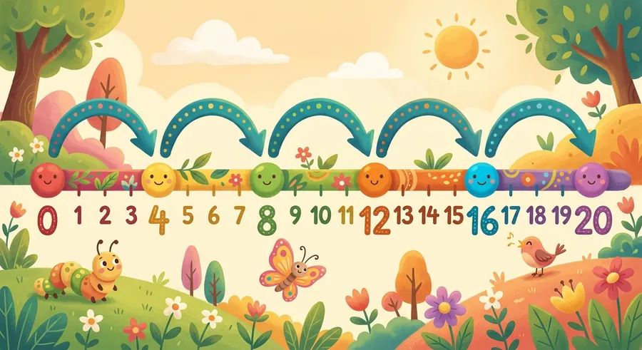 A number line with equal backward jumps showing repeated subtraction