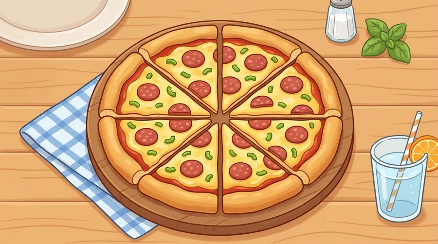 A whole pizza sliced into equal pieces to show parts of a whole
