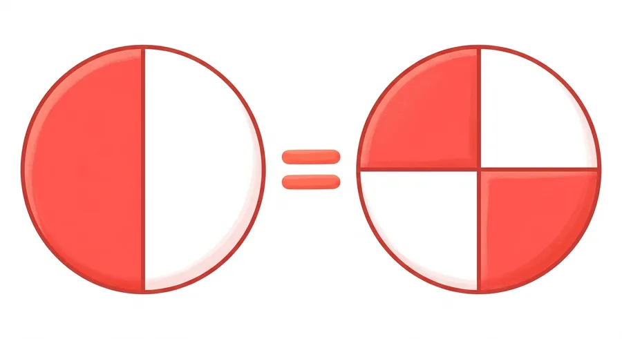 Coloured fraction circles showing a half equal to two quarters