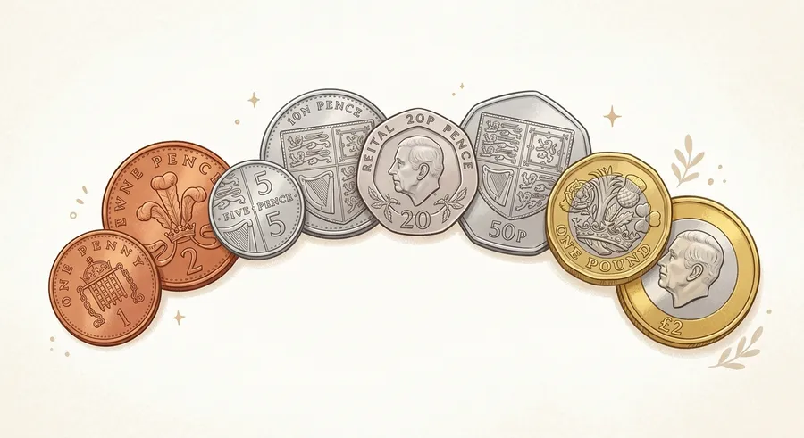 A spread of UK coins from one penny up to a two pound coin