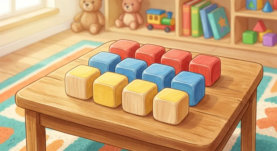Wooden number blocks set out in equal rows to picture times tables