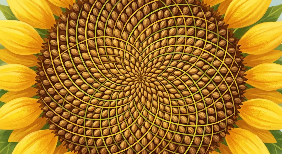 The spiral of seeds in a sunflower head showing the Fibonacci pattern