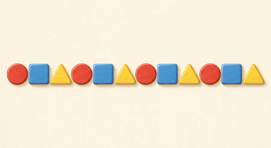 Shape blocks laid out in a repeating circle, square, triangle pattern