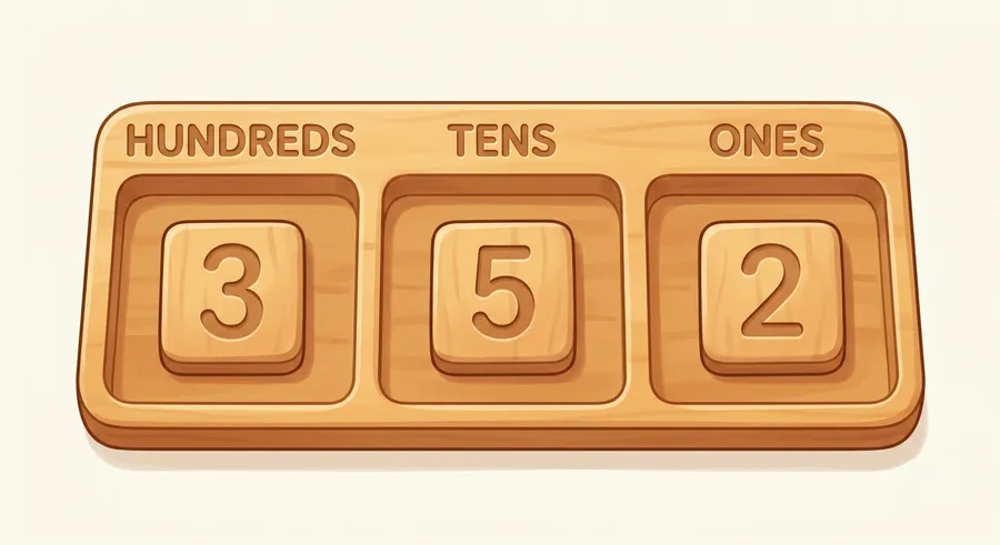 Wooden number tiles lined up in hundreds, tens and units columns
